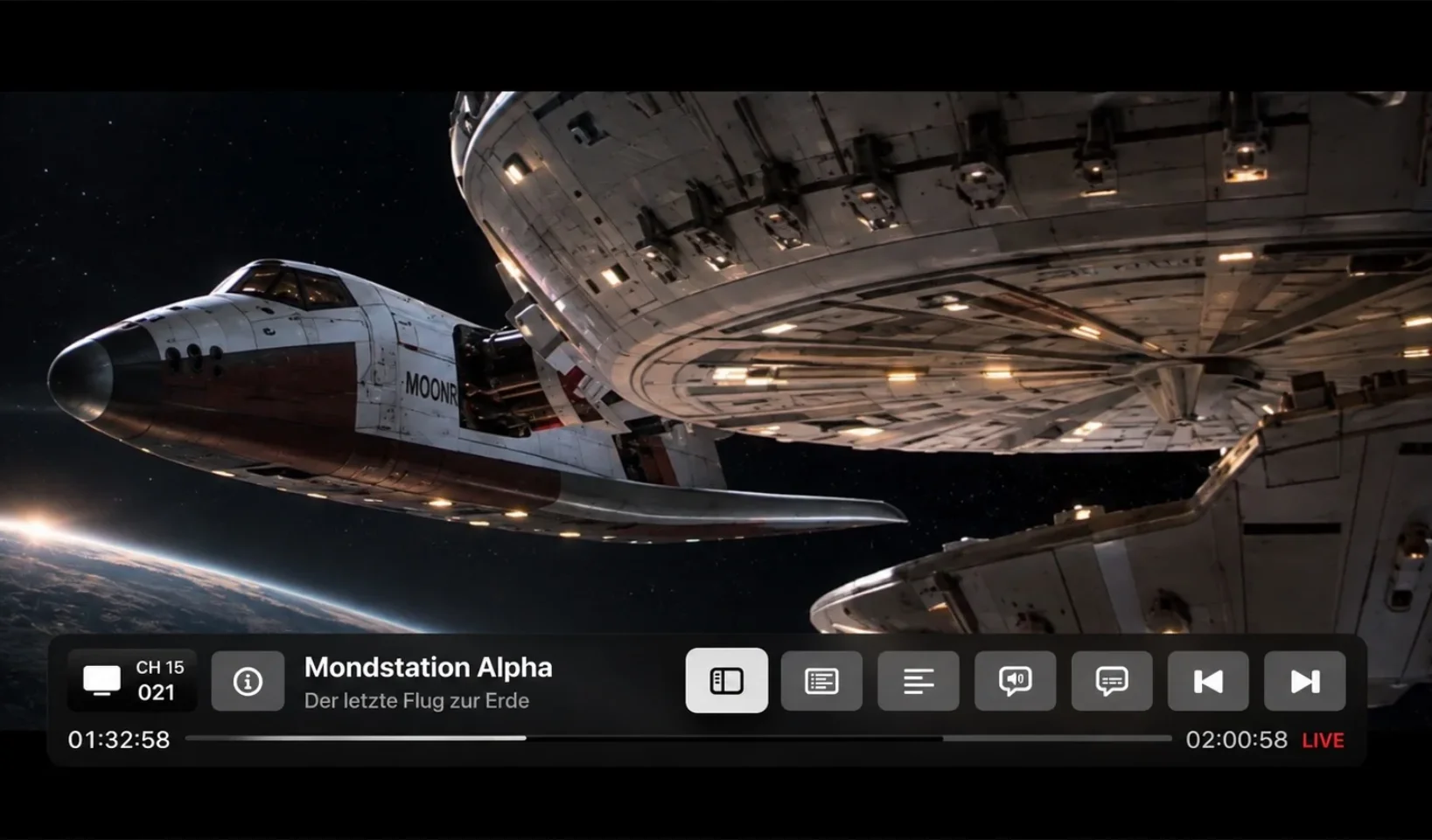 90sTV on Apple TV: the film Moonbase Alpha is playing, with programme information, a progress bar and controls below.