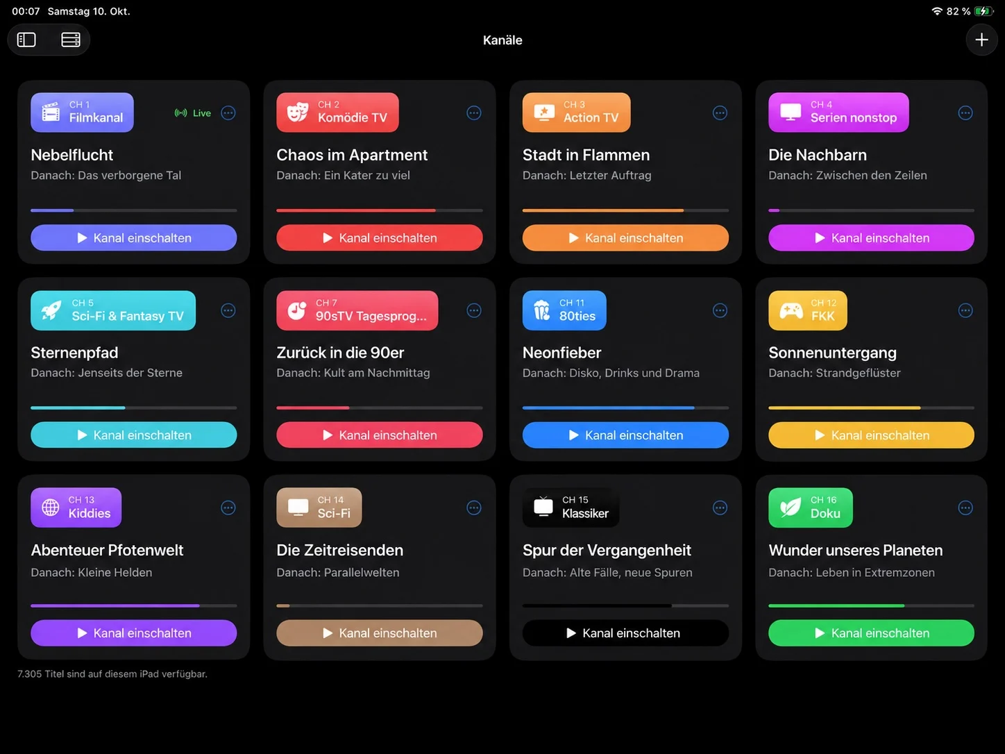 90sTV channel overview on iPad: twelve colour-coded channel cards show the current and next programme.