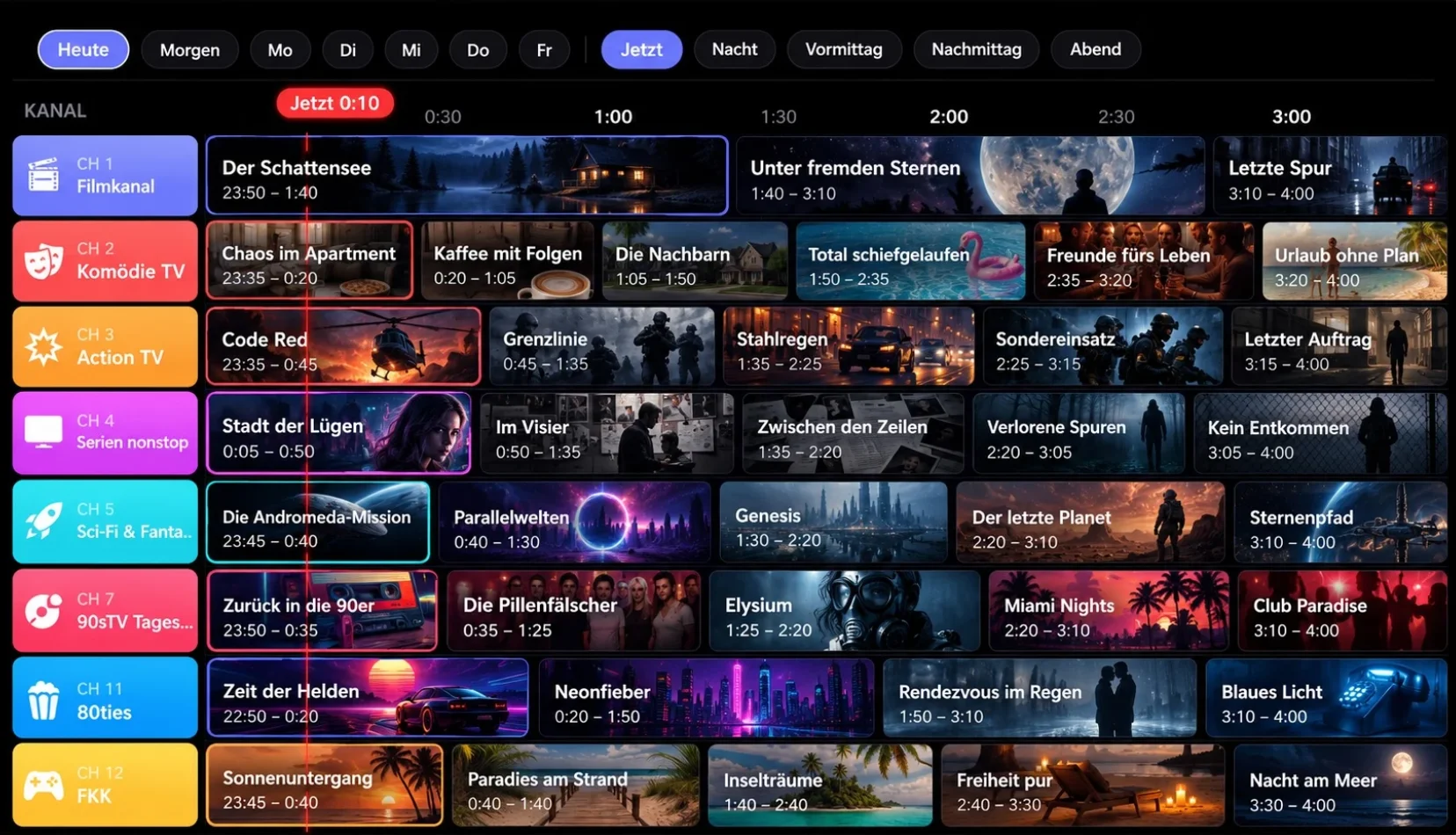 The 90sTV guide on Apple TV: eight channels appear on the left, with programmes in a timeline from midnight to four in the morning.