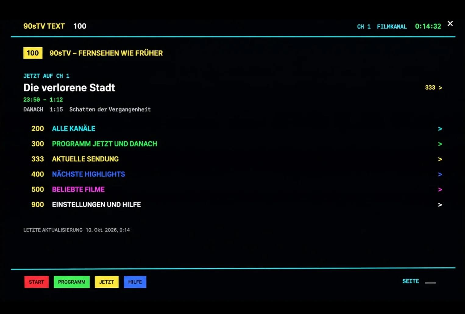 90sTV teletext on Mac: page 100 shows the current programme and links to channels, schedules, highlights and help.