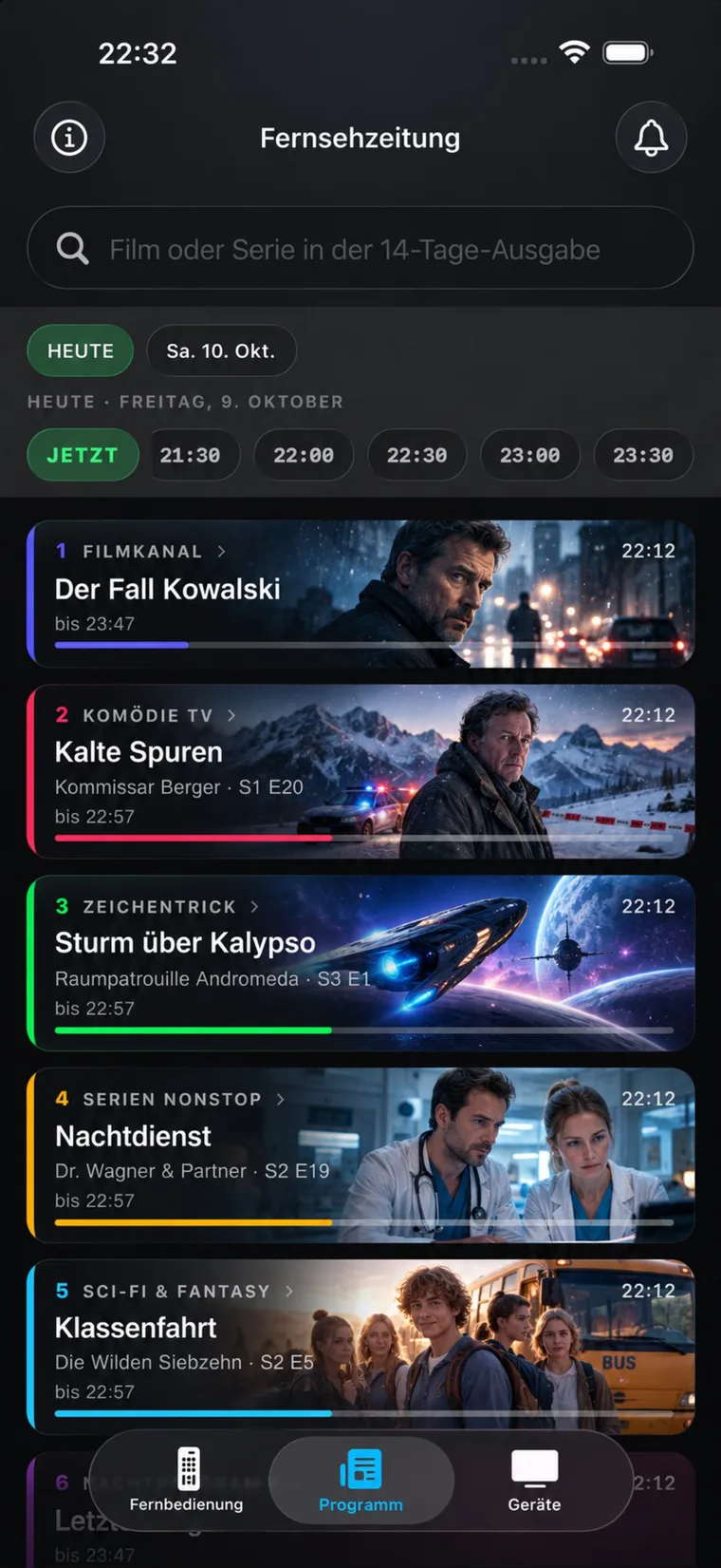 The TV guide on iPhone: six channels with the current programme, progress bars and a timeline.