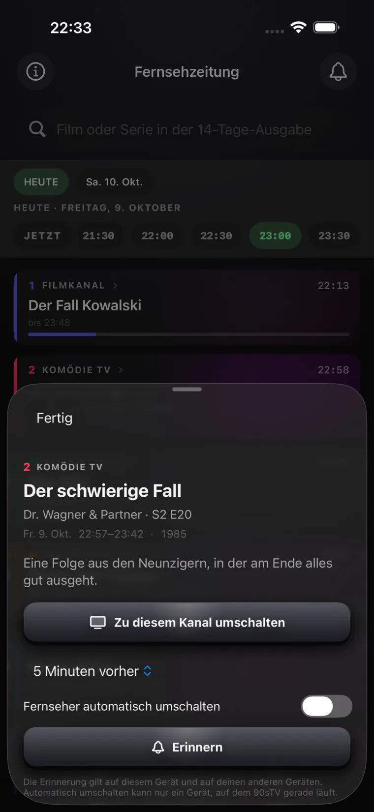 Programme details with buttons to tune to the channel or set a reminder, plus an automatic tuning option.