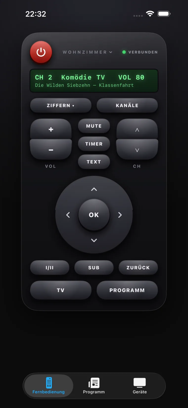 The 90sTV remote on iPhone, with a red power button, green display, number buttons and a directional pad.